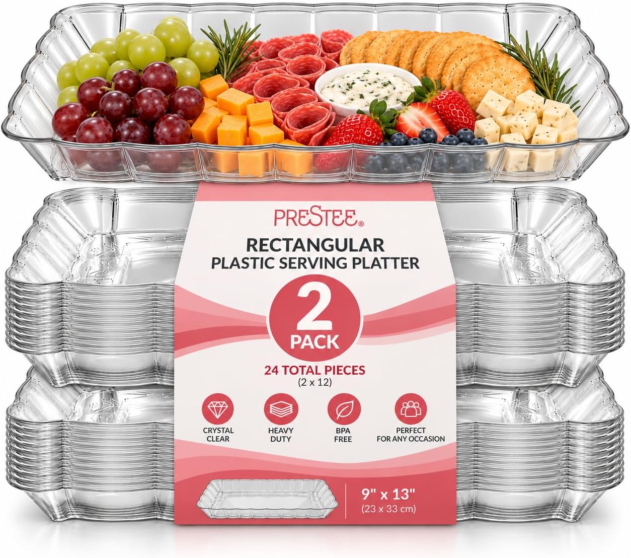 Prestee 12-Pack Serving Tray - 9x13 Inches Disposable Rectangular Plastic Food Tray for Parties and Events - Clear Platters for Dessert Table Displays, Appetizers, Snacks, and More