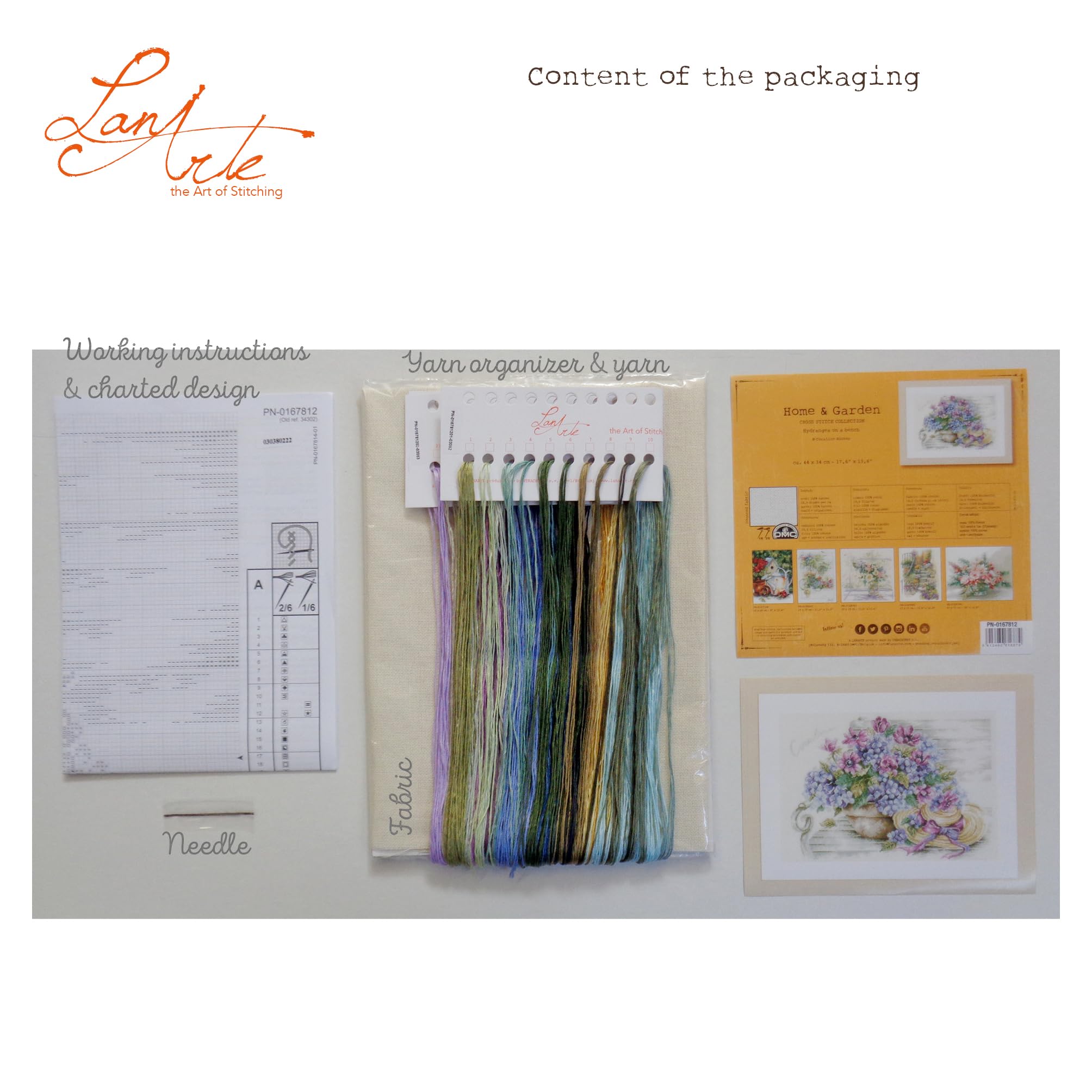 Lanarte Kreuzstich Stickpackungen Gezählter Kreuzstichbilder Set HORTENSIEN/BANK Wanddekoration Handarbeit Set für Erwachsene 44 x 34 cm DIY Deko Bastelset Handwerker Kreative Geschenkset