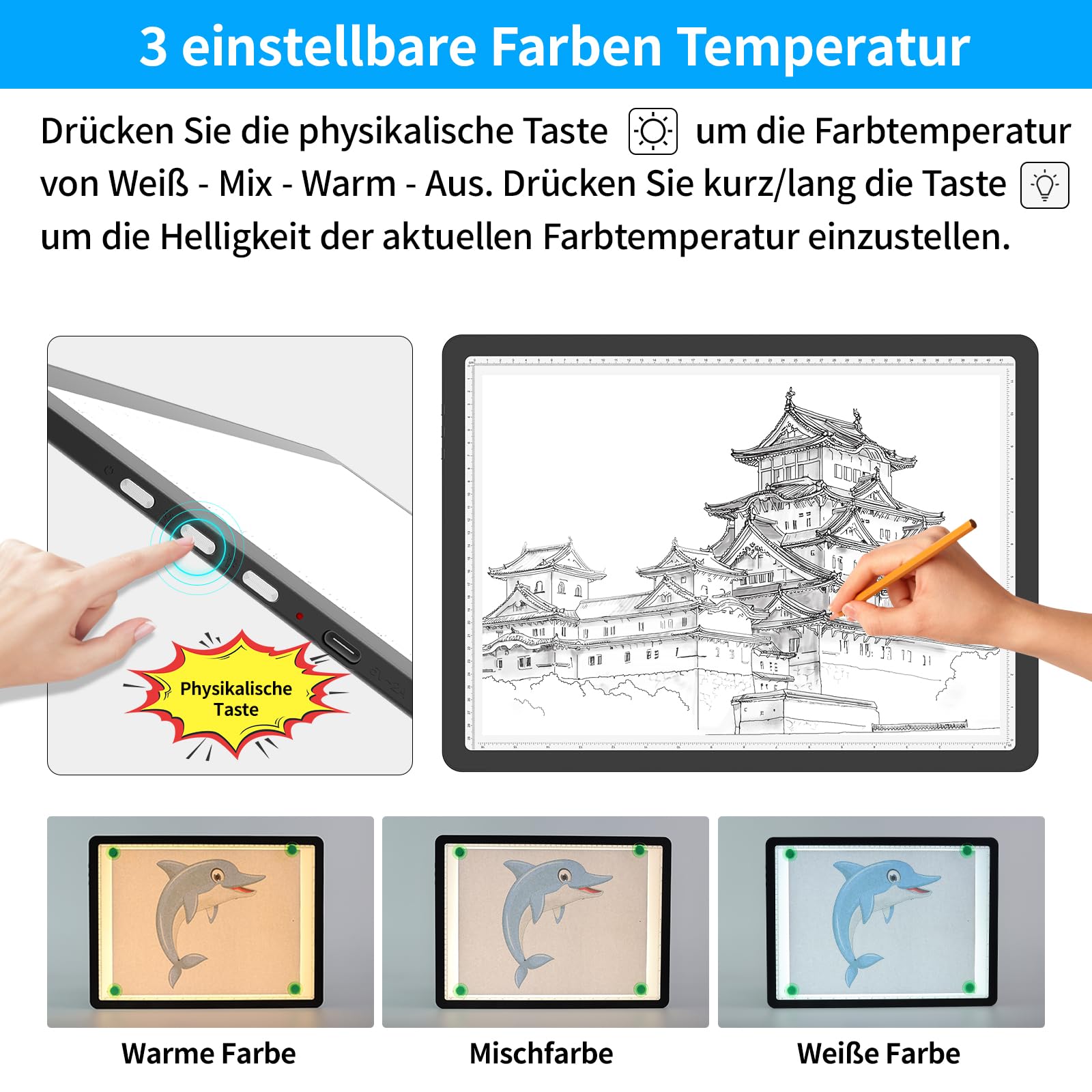 TOHETO A3 Leuchttisch für Diamantmalerei, Wiederaufladbares Ultraheller Leuchtkasten zum Zeichnen, Aufladbar LED Licht Pad zum Nachzeichnen, Kabelloses Lichtplatte Lichttafel zum Skizzieren (Schwarz)