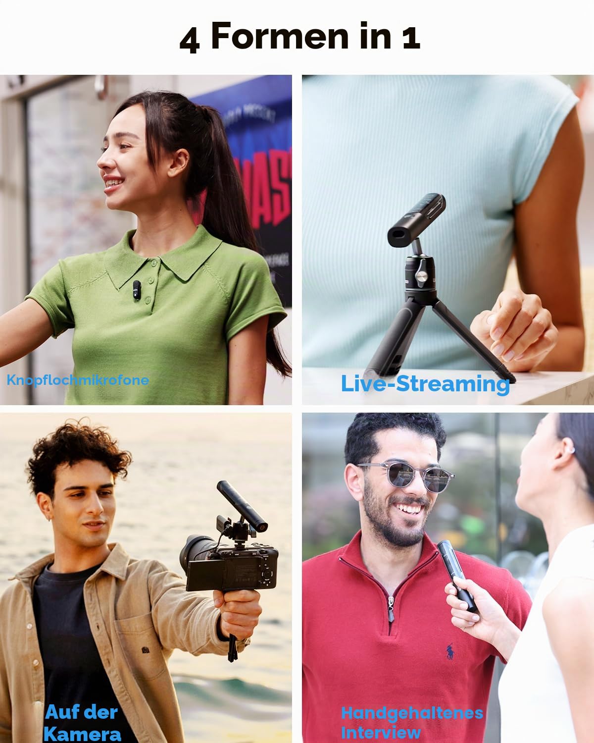 BOYA Magic 4-fach Transformierbares Mini Mikrofon, Kabelloses Lavalier, Handheld, Desktop & Kamera Mikrofon Handy für iPhone15/16/Android, Vlogging, Streaming(2TX+1RX)
