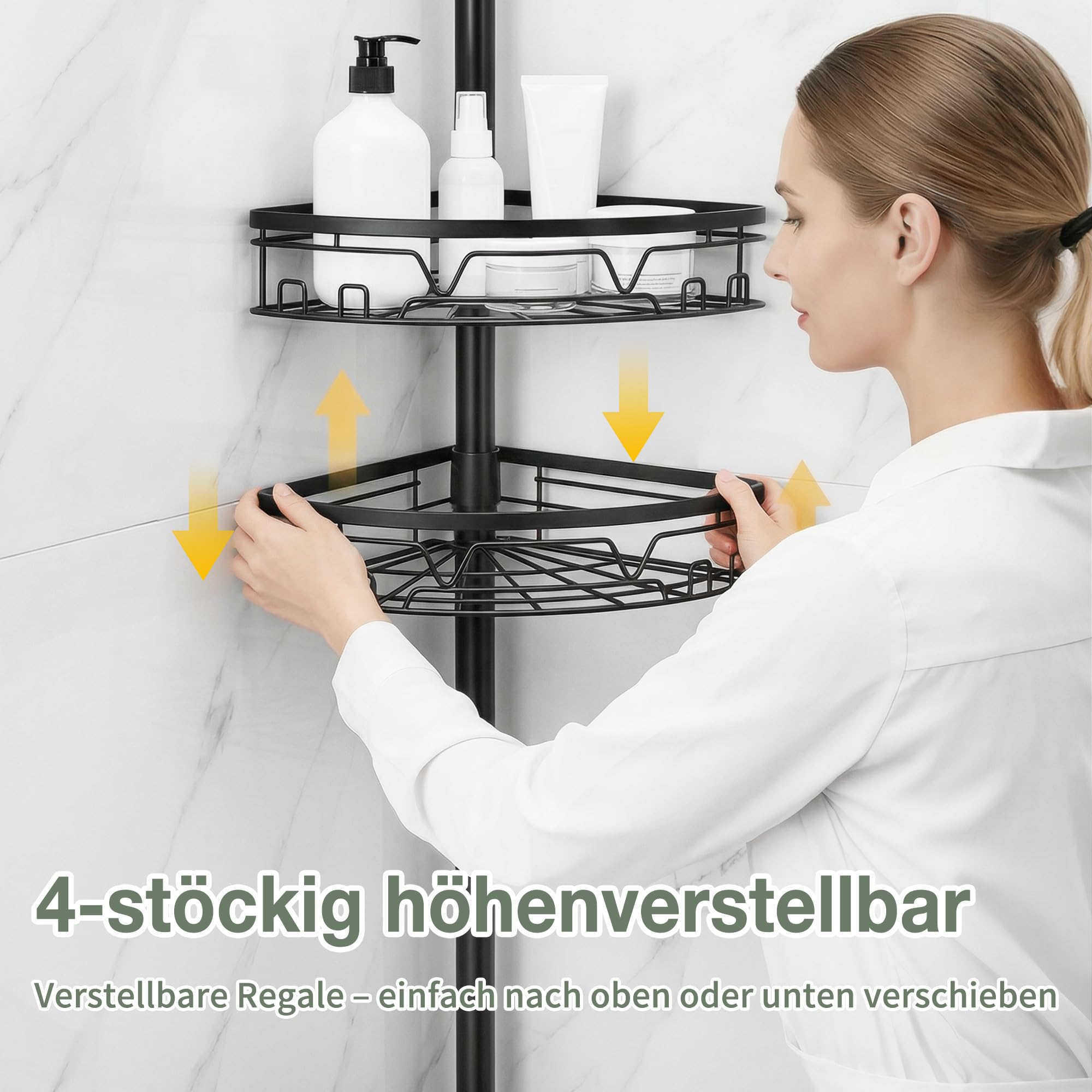 KEGII Teleskop Duschregal - 4 Tier Duschregal Ohne Bohren Teleskopregal Ecke Shampoo Halterung für Dusche(63,5-290 CM, Schwarz)