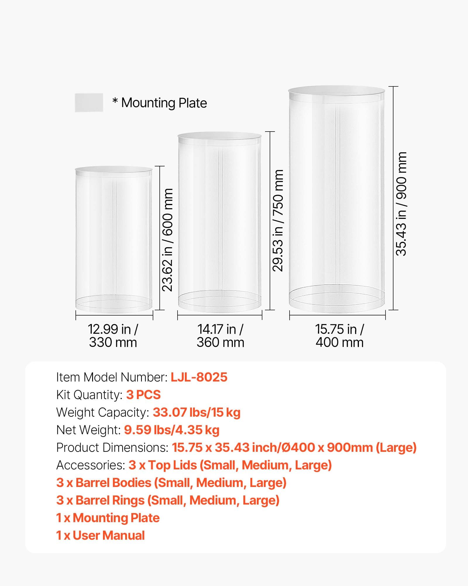 VEVOR Stojak na kwiaty weselne, okrągły cylindryczny stojak na kwiaty, przezroczysty stojak z przezroczystą akrylową pokrywą, 3 sztuki 60, 75, 90 cm, cylindryczne uchwyty na wesela, imprezy