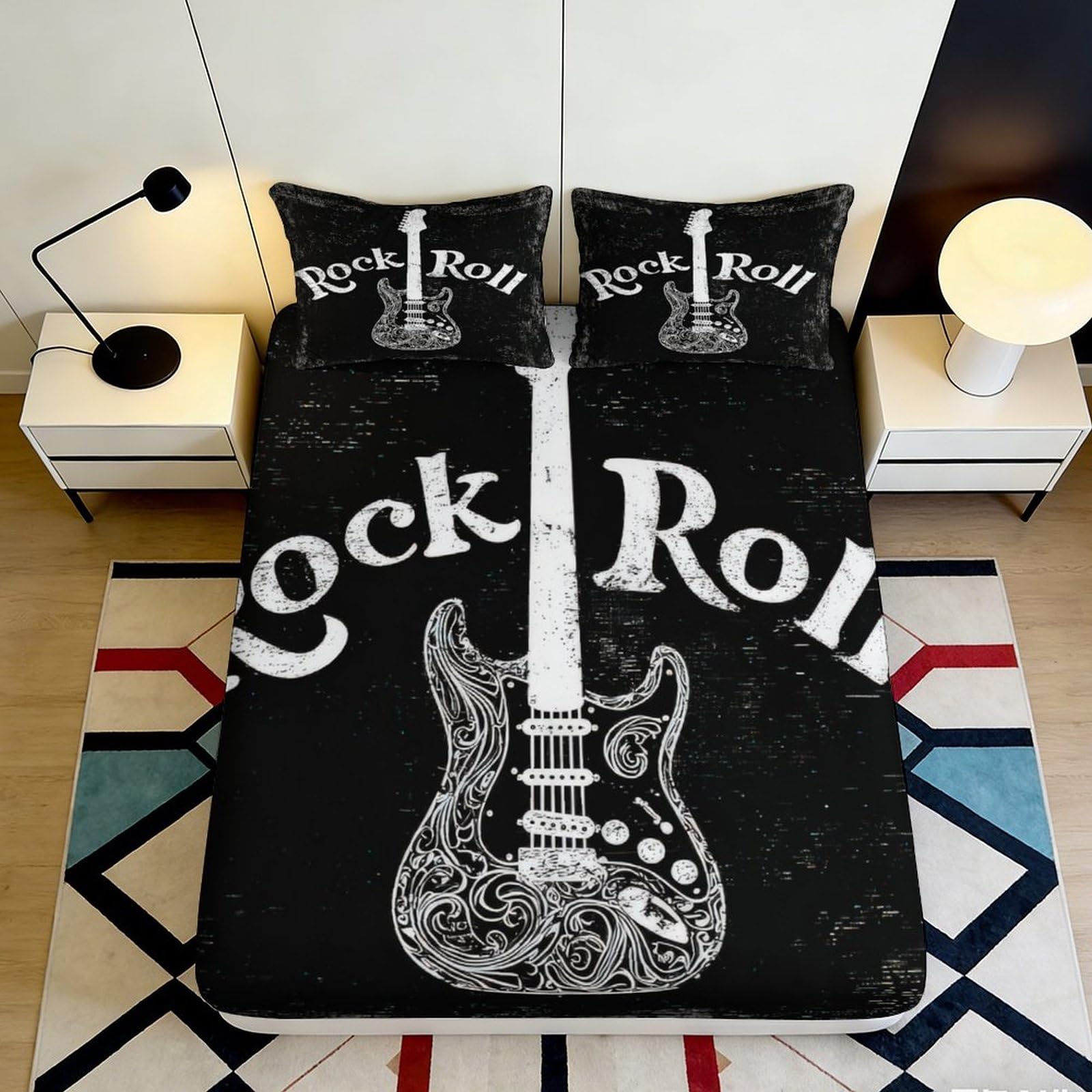 3D Printed Rock Guitar Fitted Sheet Microfiber Black Retro Music Bed Cover for Bedroom Dorm Mattress Decor 90x200x25cm