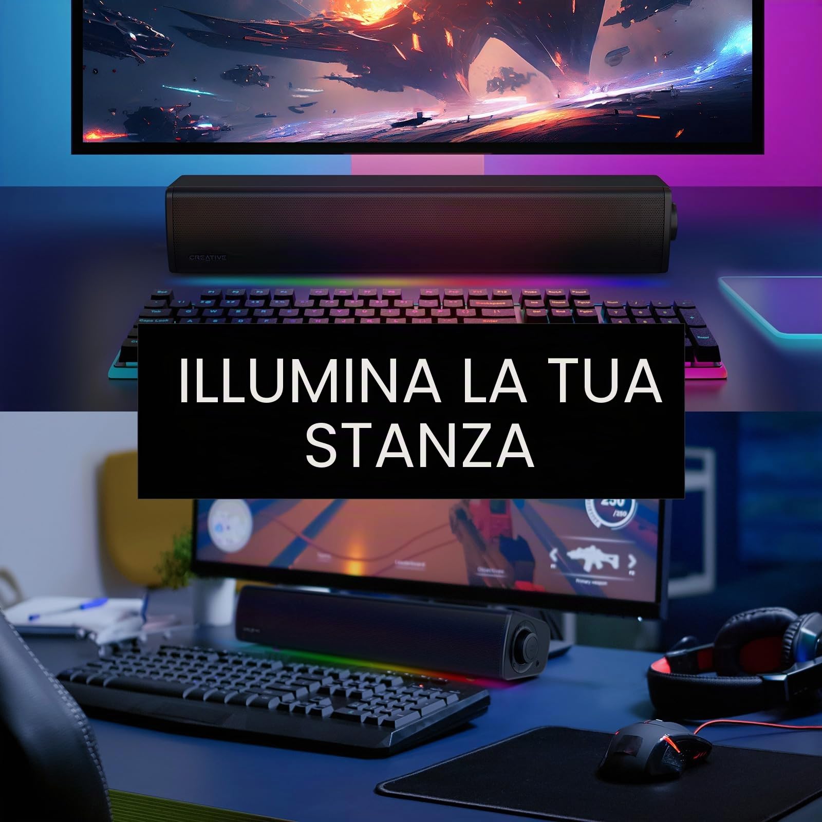 Soundbar compatta da gaming Sound Blaster GS3 con RGB e tecnologia SuperWide, alimentata tramite USB, Bluetooth 5.4, porta di uscita cuffie
