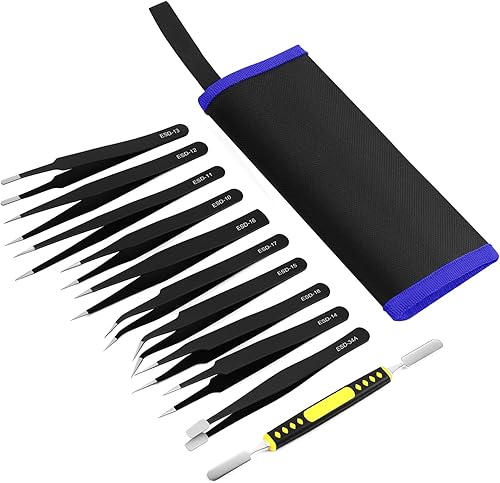 Ainiv Juego de pinzas de precisión, juego de 11 piezas de pinzas antiestáticas ESD, juego de pinzas curvas de acero inoxidable no magnéticas para