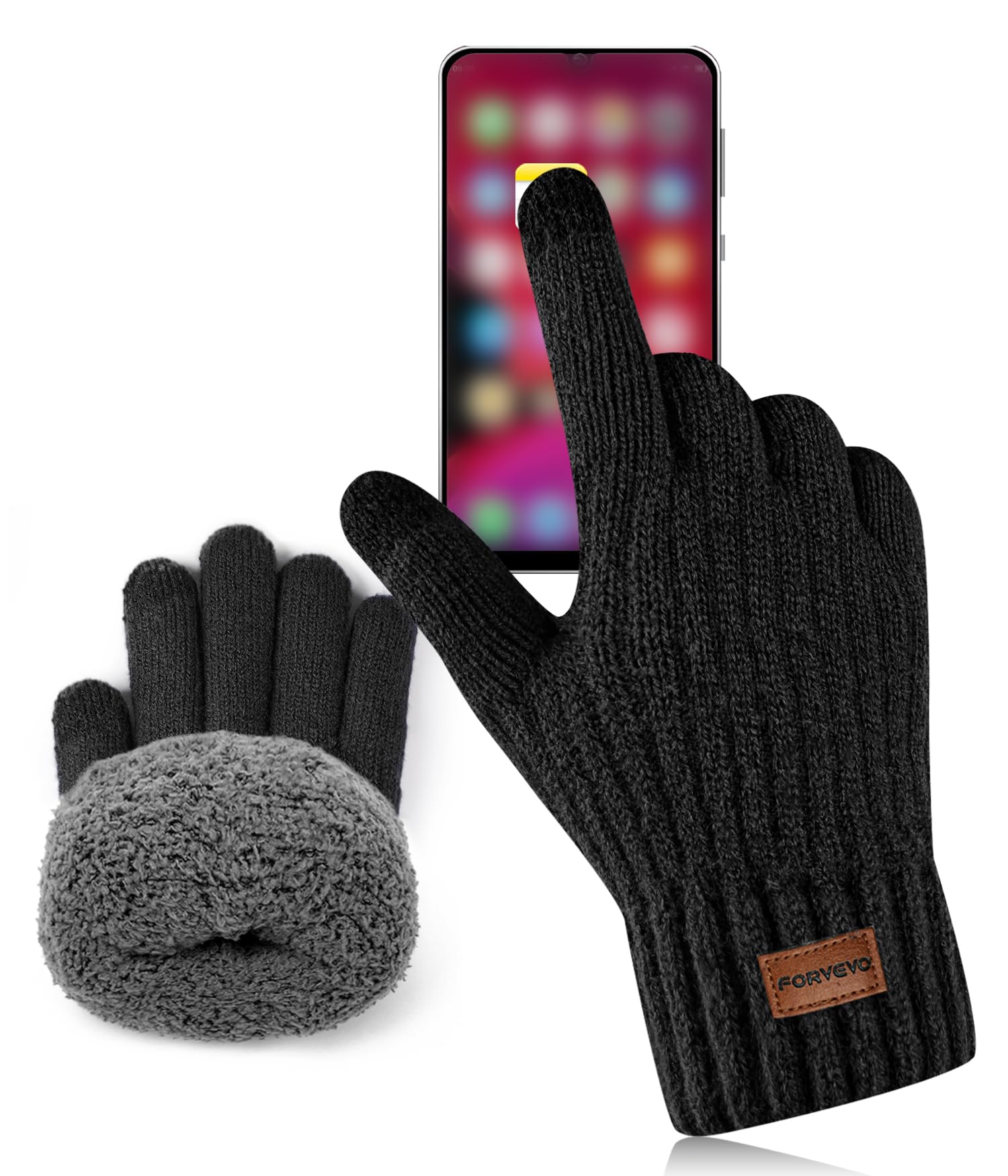 Forvevo Men's Black Gloves, Winter Thermal Gloves Wo, Warm Knit Touchscreen Glove With Fleece Lining For Running Cycling Biking Driving Walking (Black)