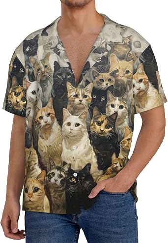 Chemise Homme Manches Longues à Imprimé Chat Abstrait - Coupe Droite En Polyester, Pour Looks Décontractés