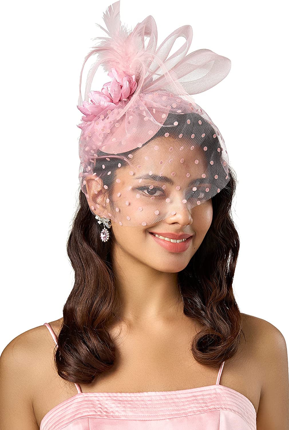 Joygoodta Fascinator hoeden voor dames, mesh linten veren op een