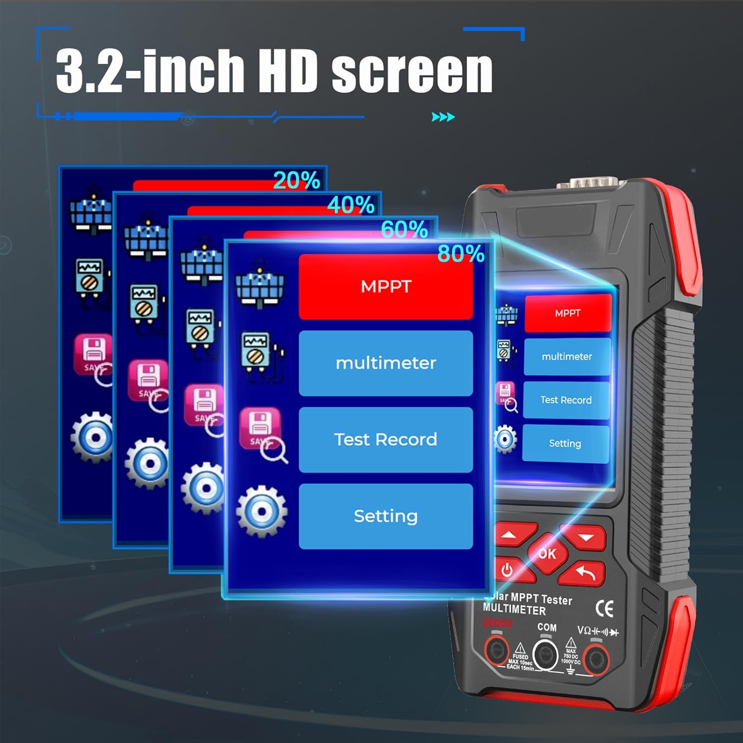 Solar MPPT Tester HV Multimeter, 3.2 inch LCD Screen 2000W Max Power 3 90V Voltage 0 40A Power Meter Auto Off Capacitance Diode Continuity Tester