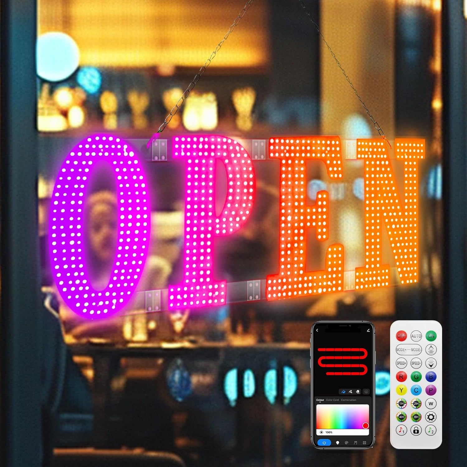 Open Sign, 48"x16" Large LED Open Signs for Business – App & Remote Control, Timer, Custom Colors & Brightness, High Visibility for Business Storefronts, Restaurants, Bars, Salons, Cafes, Retail Shops