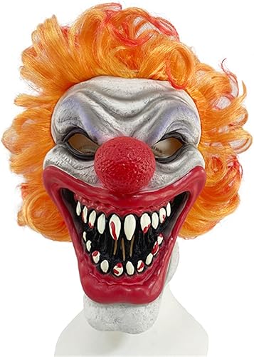 Edlike Máscara de payaso sonriente de terror con pelo, máscara de payaso demonio de cabeza completa y dientes sangrientos, máscara de payaso asesino