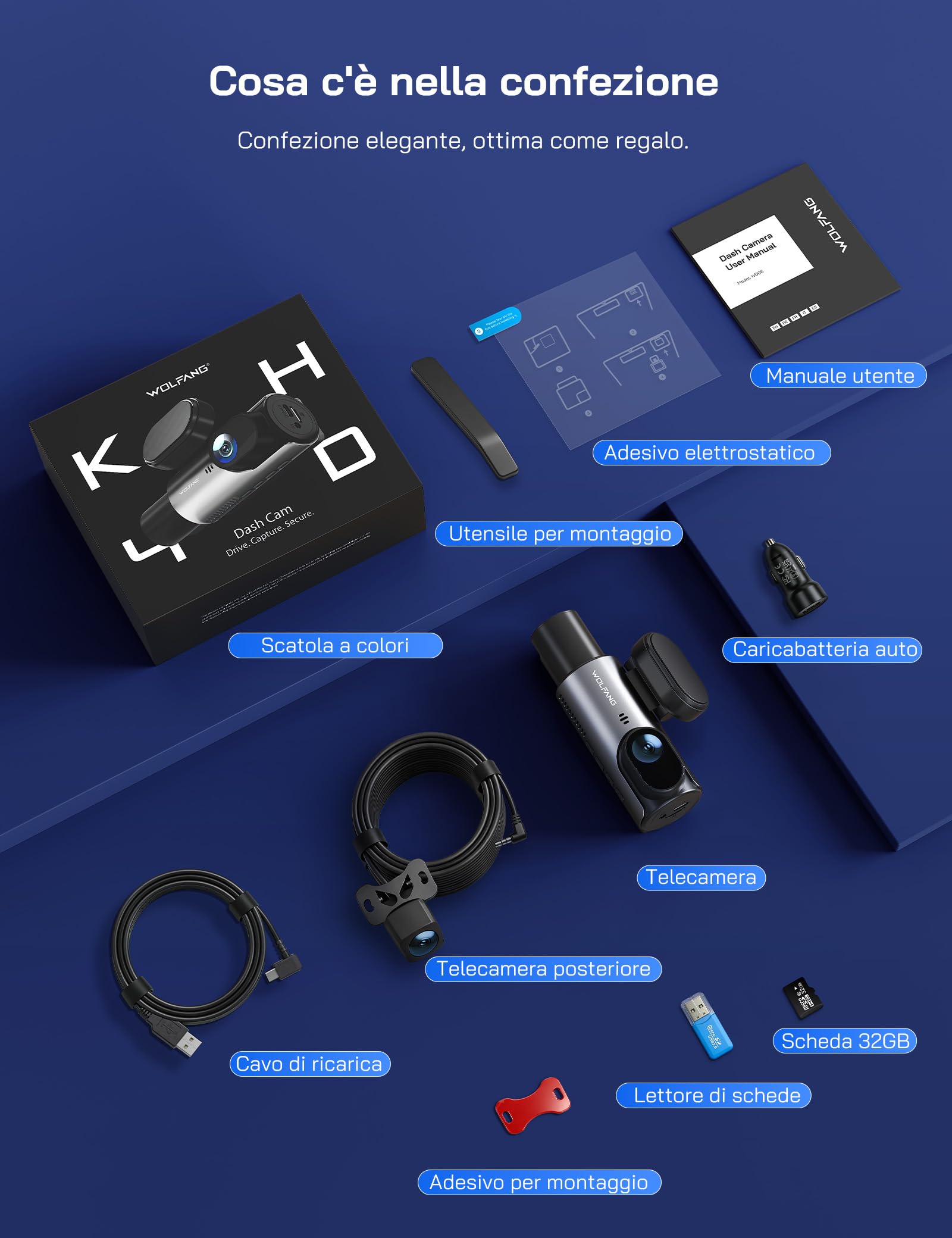 WOLFANG Dash Cam Auto 4K, Telecamera WiFi Tripla Anteriore e Posteriore, Schermo da 3.19", Super Dashcam con Visione Notturna, Monitor di Parcheggio, Sensore G, 170° Grandangolo, WDR