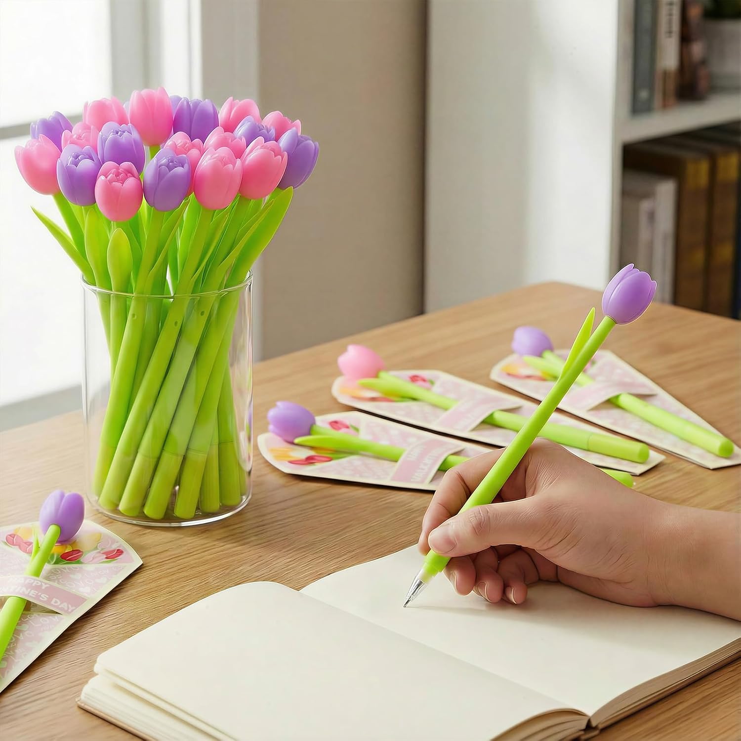 Tenceur 25 Sets Valentine's Day Color Changing Tulip Flower Pens with Gift Cards Tulip Gel Ink Pen Valentine's Day Gifts for Women Teacher Coworker Nurse Gifts