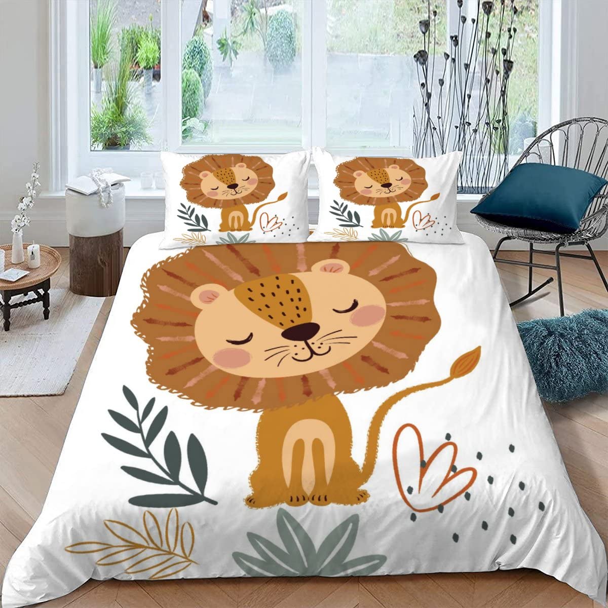 Lindo león ropa de cama infantil de 135 x 200 cm, diseño de animales salvajes, suave microfibra, funda nórdica con cremallera, para niños y niñas, juego de ropa de cama con diseño 3D con 2