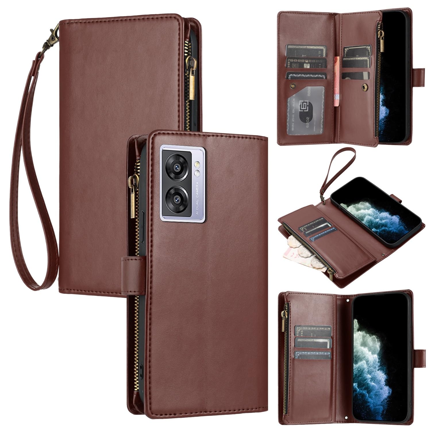 Custodia Portafoglio A Libro ESONG Per OPPO A57/A77/A77S E Realme Narzo 50 - Pelle PU Con 9 Slot Carte, Supporto E Tracolla - Nero - 2