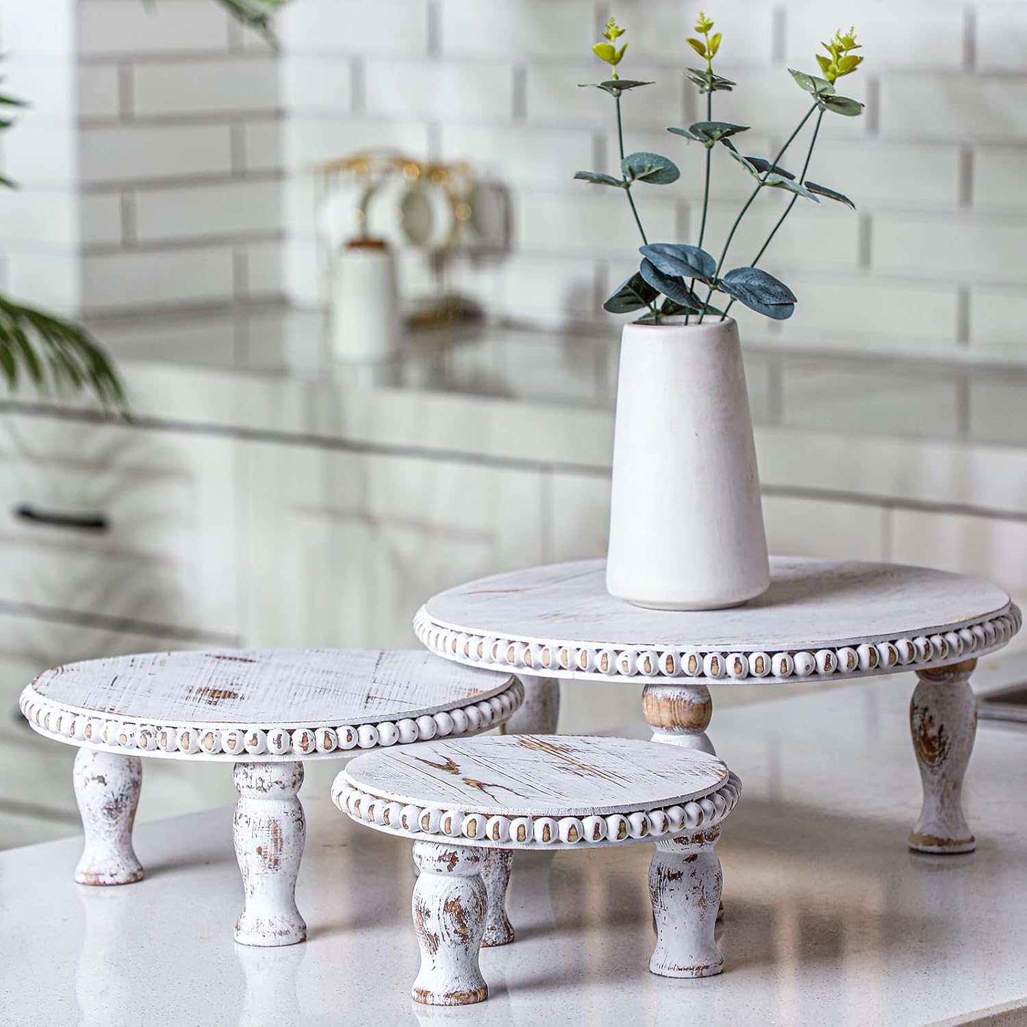 Thyle Rustic Round Wood Tray Riser Set of 3 Wooden Beaded Cupcake Pedestal Stand Round Farmhouse Wood Cake Holder Multiple Sizes Dessert Stands for Wedding Birthday Decor Height 7" 9.5" 12"(White)