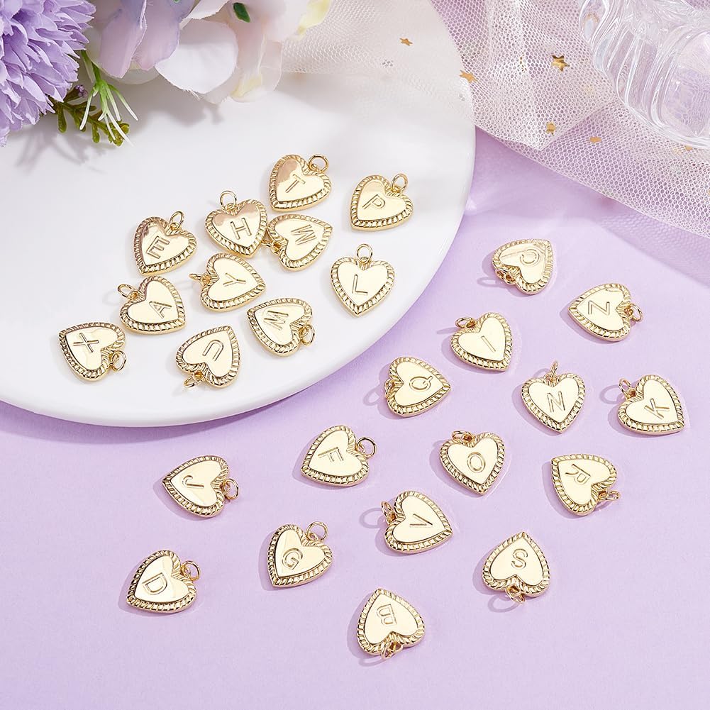 Beebeecraft 1 Box 26 Styles Heart Letter Charms Real 18K Gold Plated Alphabet Bead Charms A to Z Love Heart Shaped Initial Pendants for Jewelry Making Earring Necklace Bracelets DIY Valentines Decor