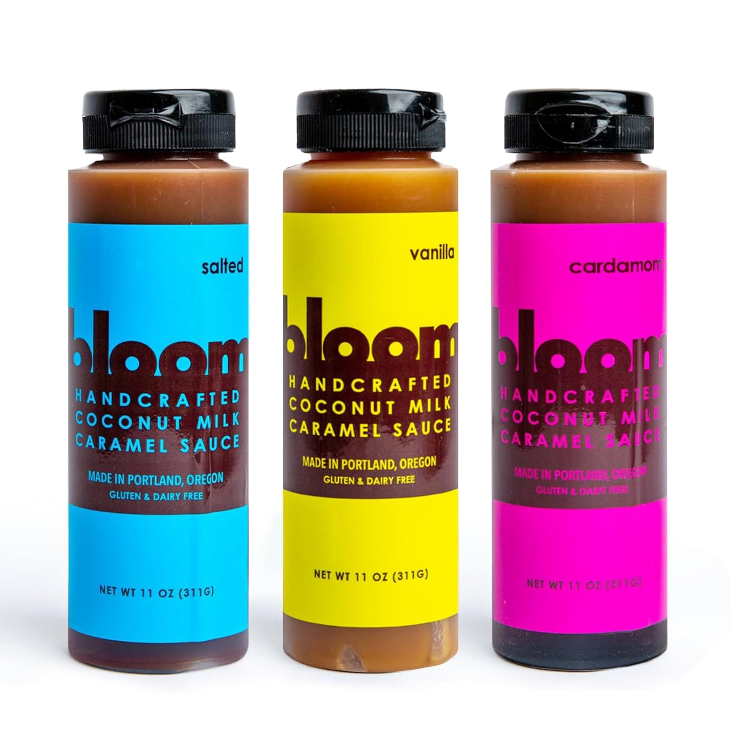Bloom Caramel Gift Set - Salted, Vanilla, Cardamom Coconut Caramel Sauce - Vegan, Dairy-Free Dessert Topping, Small Batch Artisanal Quality, Perfect for Coffee, Ice Cream, and Baking – 33 oz