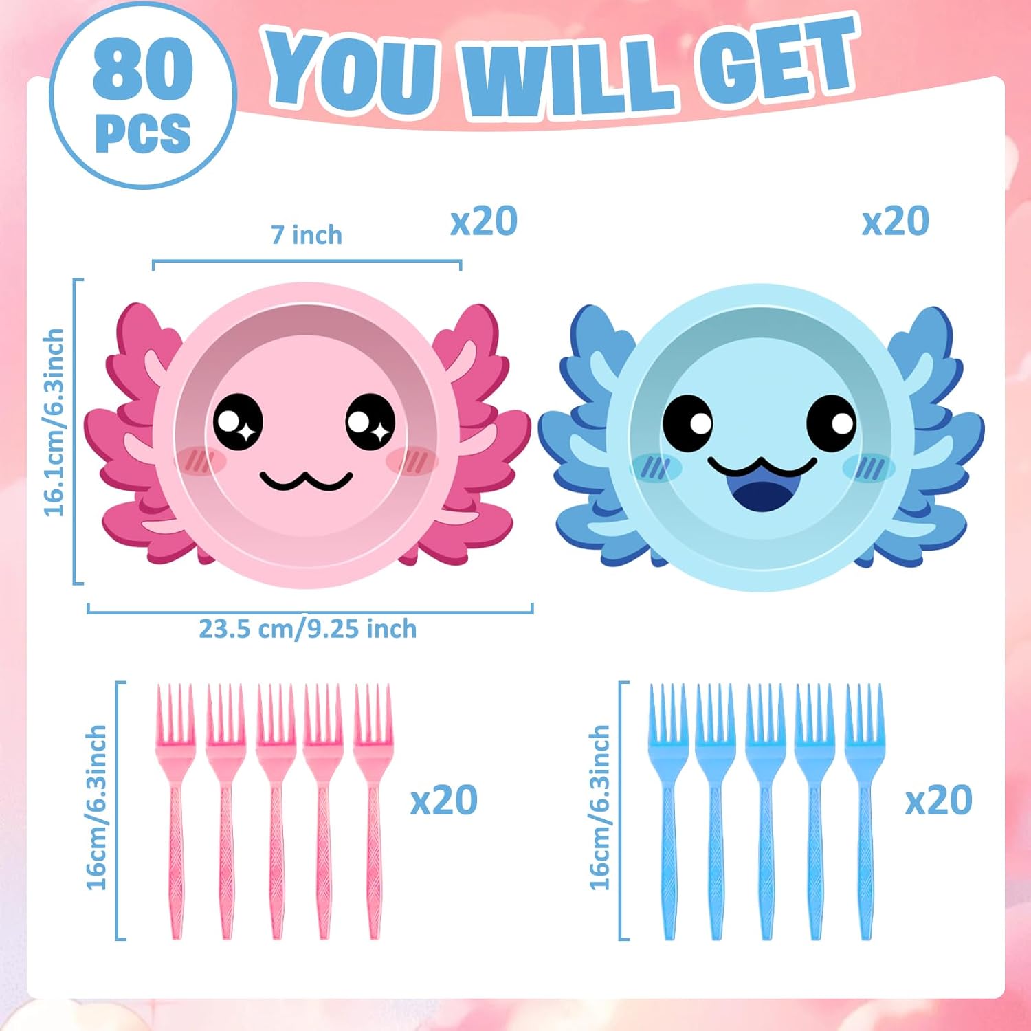 80Pcs Axolotl Shaped Birthday Party Decorations 7 Inch Dessert Plates and Forks Cartoon Axolotl Dinner Paper Plates Dinnerware for Kids Boys Girls Party Baby Shower Supplies Favors - Image 2