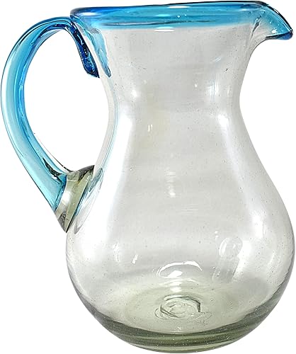 Miniatura 2 de MAREY Mexican Glass Pitcher for Water  Blown Glass  Artisan Handcrafted from Mexico (Aqua Rim, 77 Fl. Oz.)
