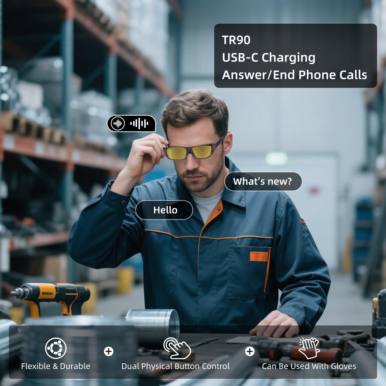 Gafas inteligentes Bluetooth para hombres y mujeres, volumen ultra alto, gafas de seguridad con altavoz Bluetooth, luces LED recargables, marco TR90 de tiempo de funcionamiento de 20 horas ANSI