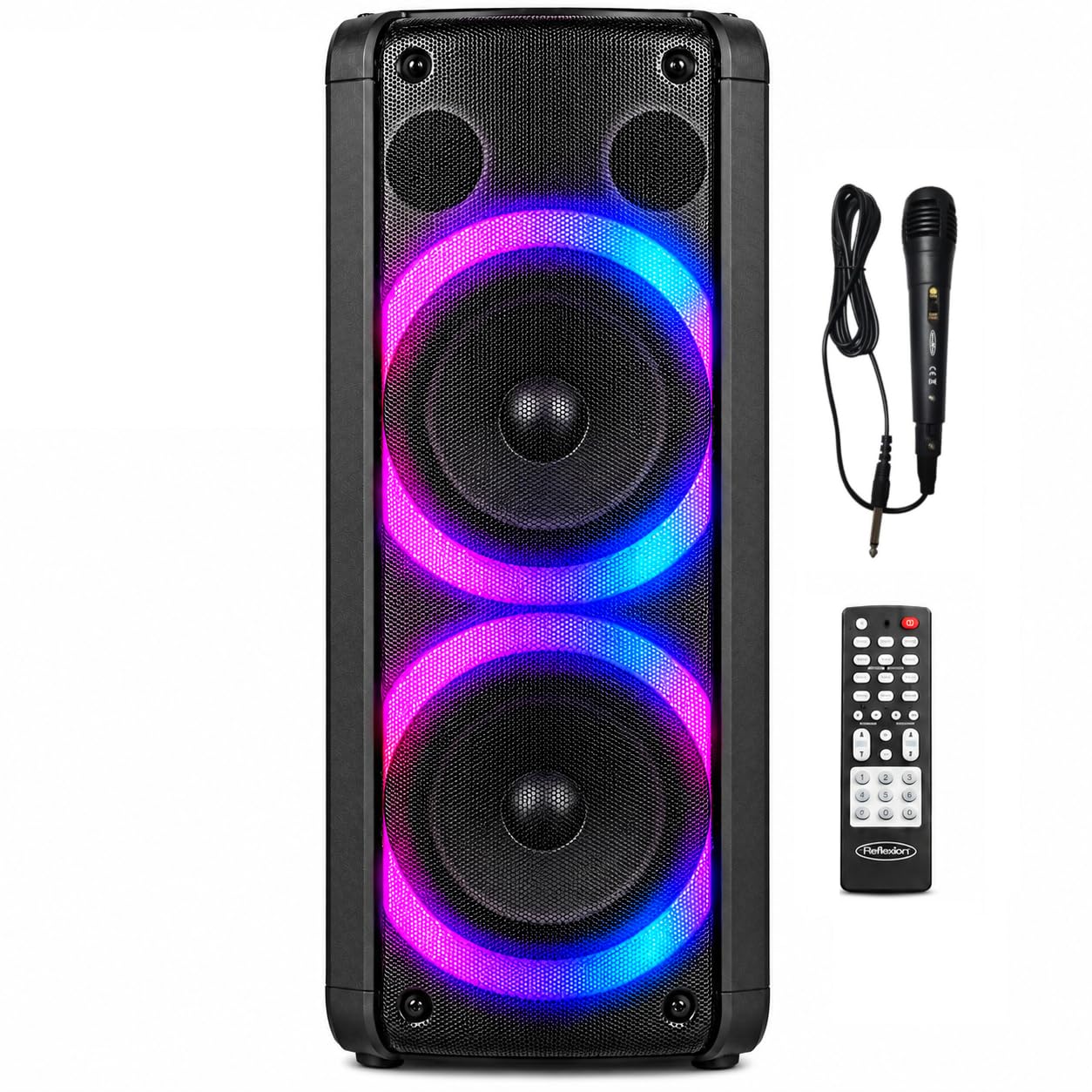 REFLEXION PS09BT Mobiler Buetooth Partylautsprecher, DJ, Karaoke, 500Watt, UKW-PLL Radio, Disco LED Effekt mit Farbwechsel, incl. Mikrofon, Eingebauter Akku, Schwarz