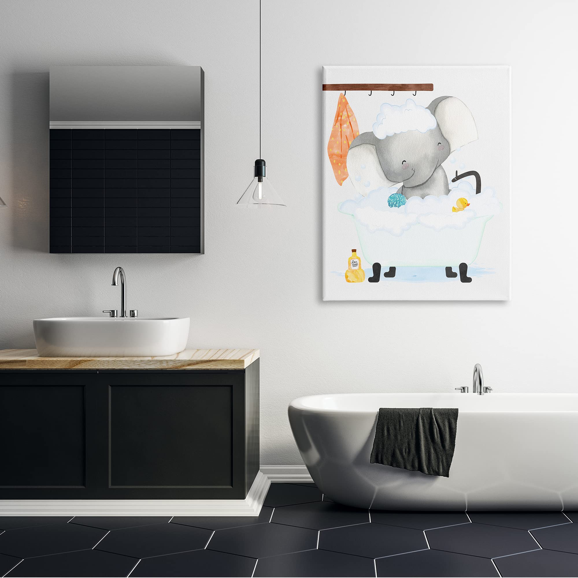 Stupell Industries Children's Baby Elephant Bubble Bath Rubber Duck Bathroom Canvas Wall Art, Gallery Wrapped, White