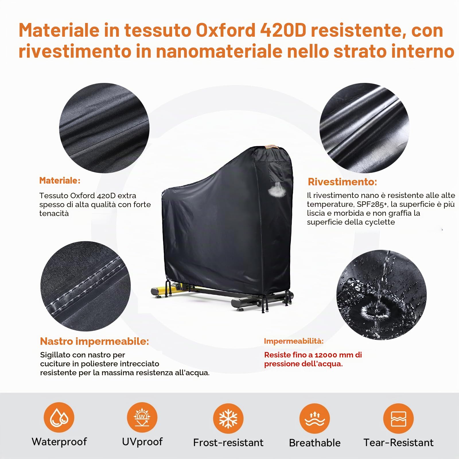 Copertura per bicicletta impermeabile per e-bike, resistente Oxford 420D per cyclette/bicicletta da casa, resistente ai raggi UV, universale, con strisce impermeabili e aperture di ventilazione