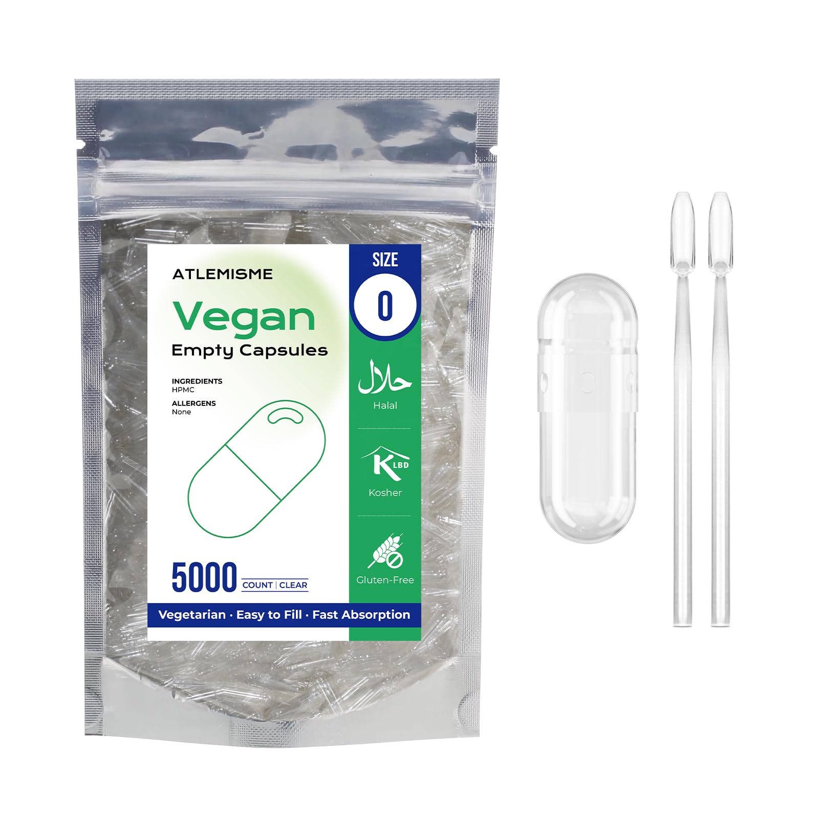 Cápsulas Vacías Vegetales de HPMC - Tamaño 0, 5000 Unidades, Sin Gluten, Sin OGM, Veganas, Ideales para Suplementos de Vitaminas y Minerales