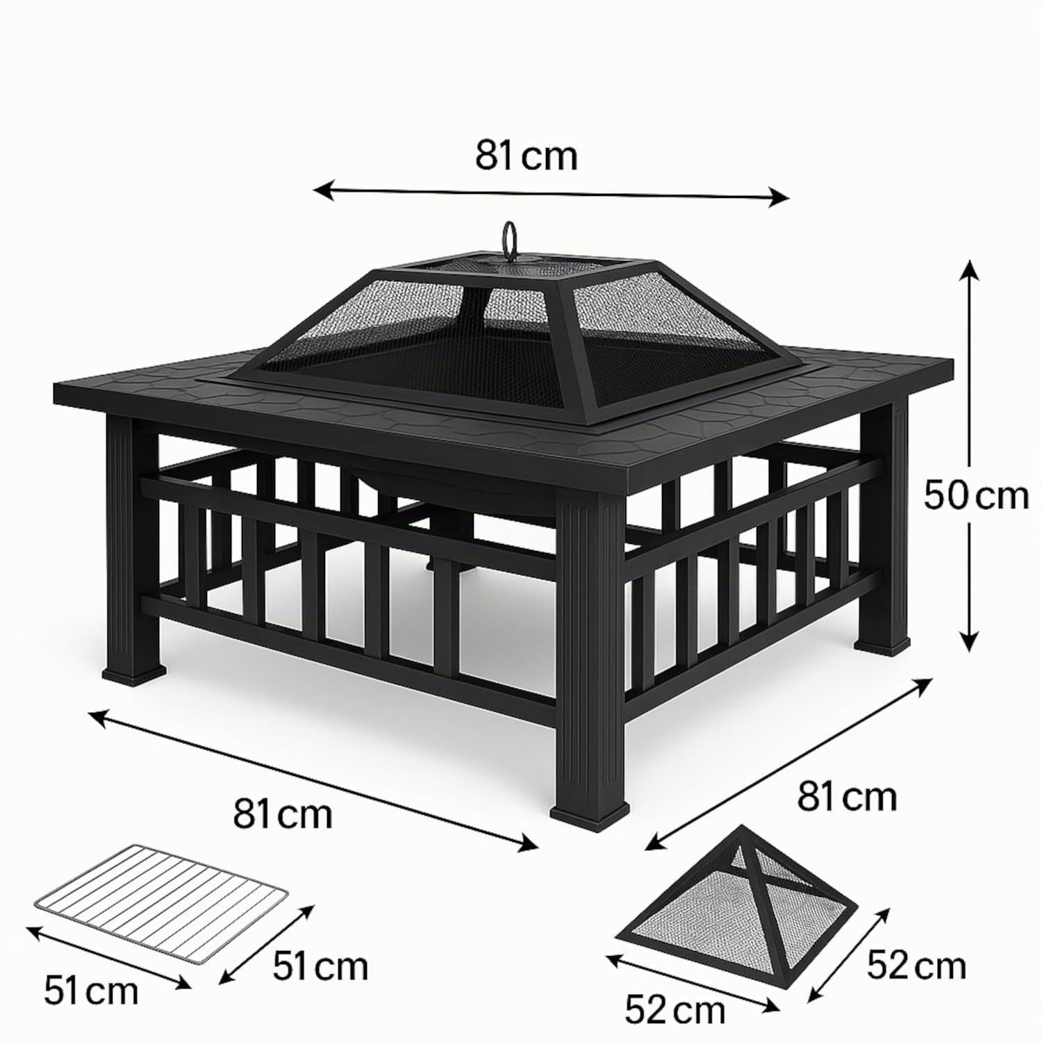 Preiswert&Gut Feuerschale mit Funkenschutz 3in1 in edler Steinoptik – Feuerstelle Terrasse als Grill und Eiskübel, wetterfest mit Schürhaken & Abdeckung 81x81x50 cm Feuerkorb für den Garten