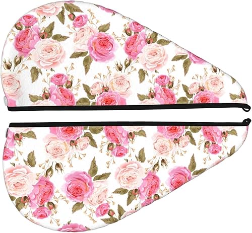 Miniatura 2 de Toalla de pelo grande de microfibra para mujeres y niñas, gorro de pelo seco con botón de flores rosas rosas, súper absorbente, suave, de secado