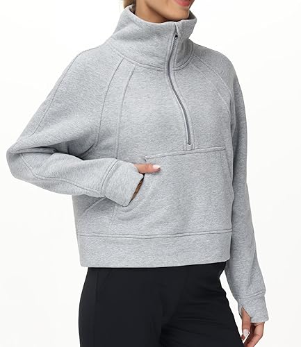 Miniatura 7 de THE GYM PEOPLE Sudadera corta de forro polar con media cremallera para mujer con bolsillos y agujero para el pulgar