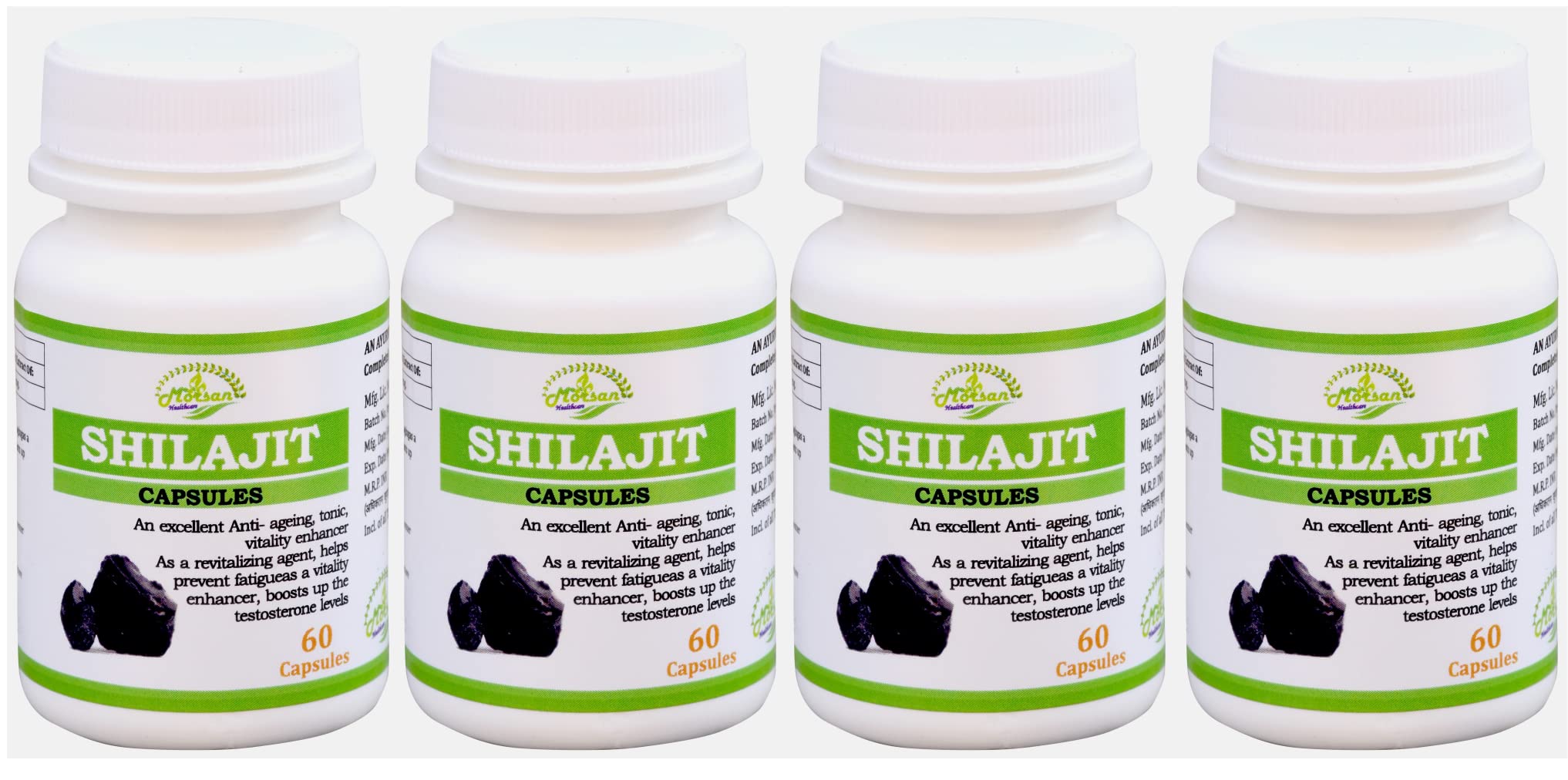 Morsan's Shilajit Extract (Asphaltum) Capsules, Pack of 4 x 60 x 500 mg. Veg. Capsules (4)
