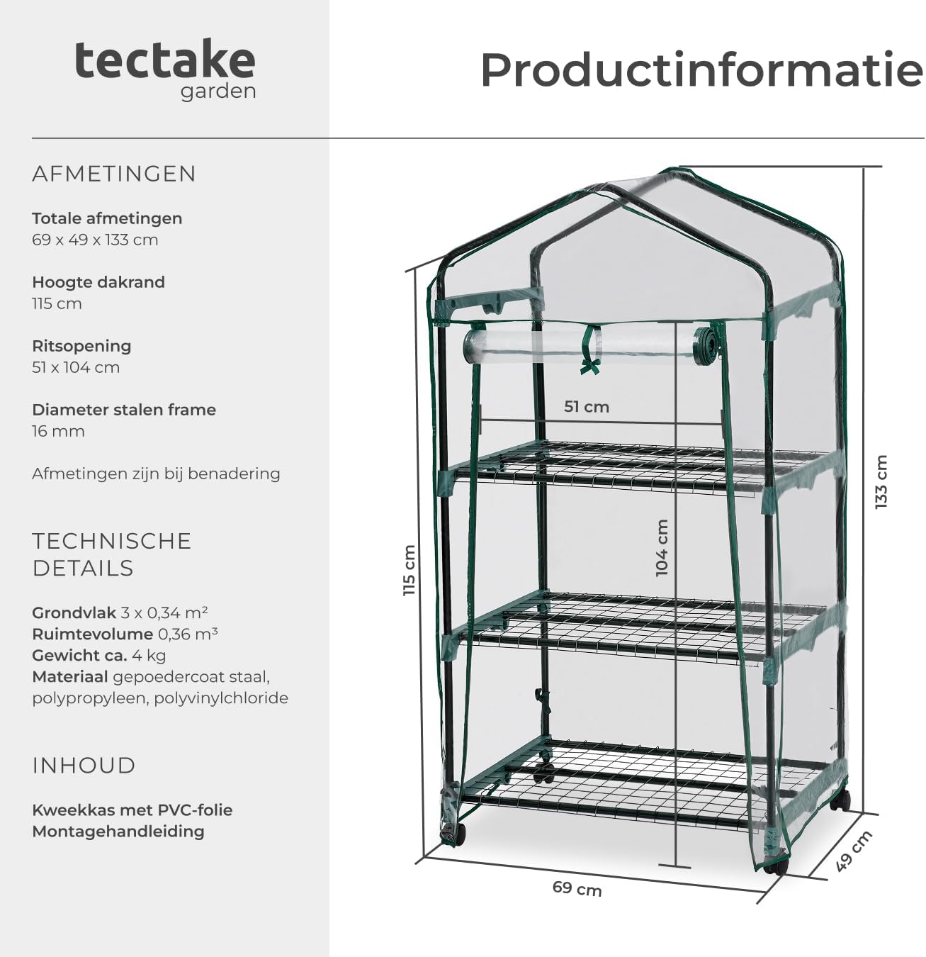 Diagram showing dimensions of the tectake Balcony Greenhouse