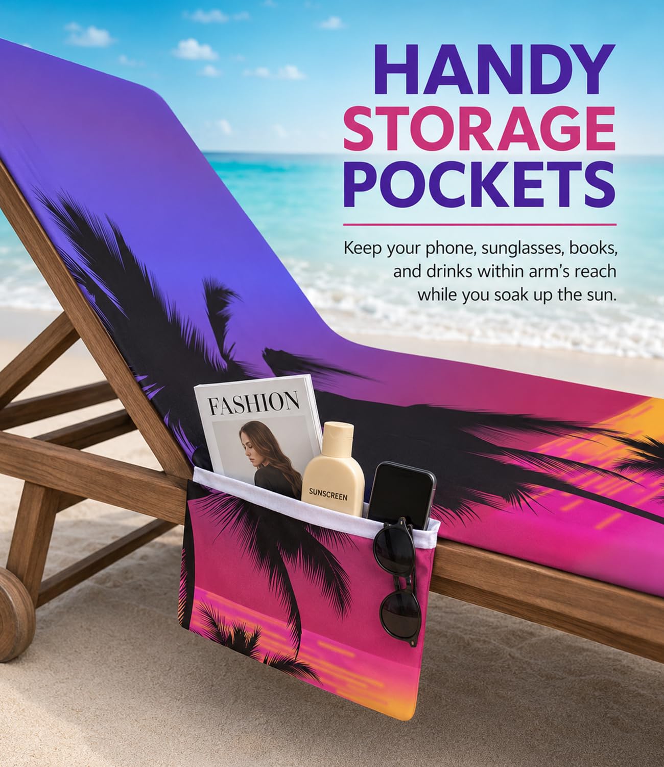 Highdi Housse de Chaise de Plage 3D Couverture de Serviette de Chaise Longue avec Poche Housse de Serviette de Chaise Longue en Microfibre pour Piscine, Bain de Soleil (75x210cm,Crépuscule)