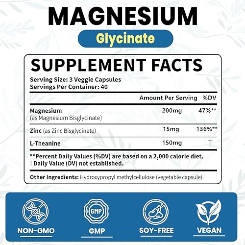 Miniatura 2 de Glicina de magnesio de 200 mg, con L-teanina y zinc glicina, suplemento de magnesio para ayudar a calmar las emociones, equilibrar el estrés
