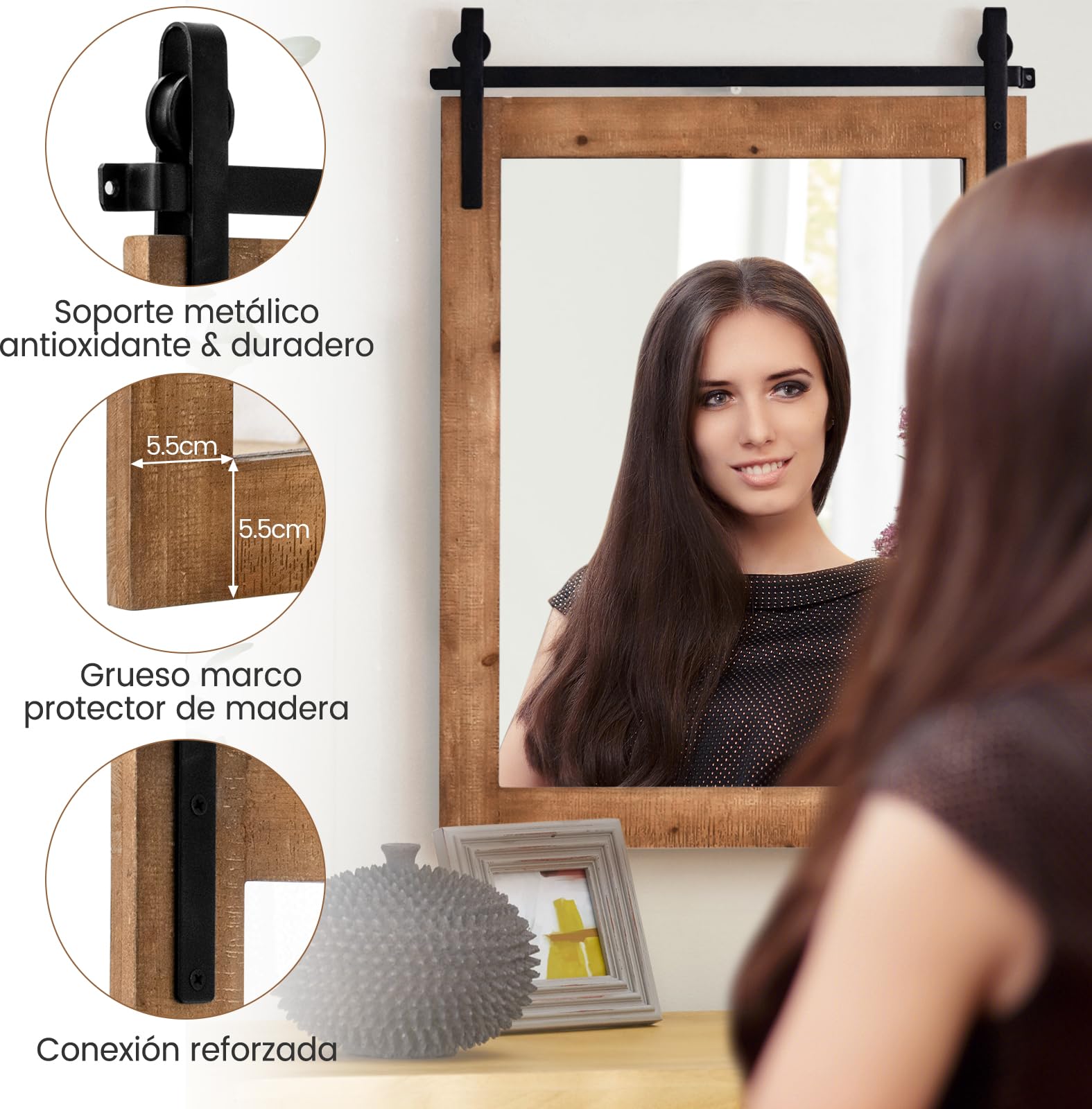 RELAX4LIFE Espejo Decorativo de Pared de 76x55cm, Espejo Pared con Marco de Madera de Abeto y Soporte de Metal para Salón, Dormitorio, Baño, Recibidor y Entrada (Natural)