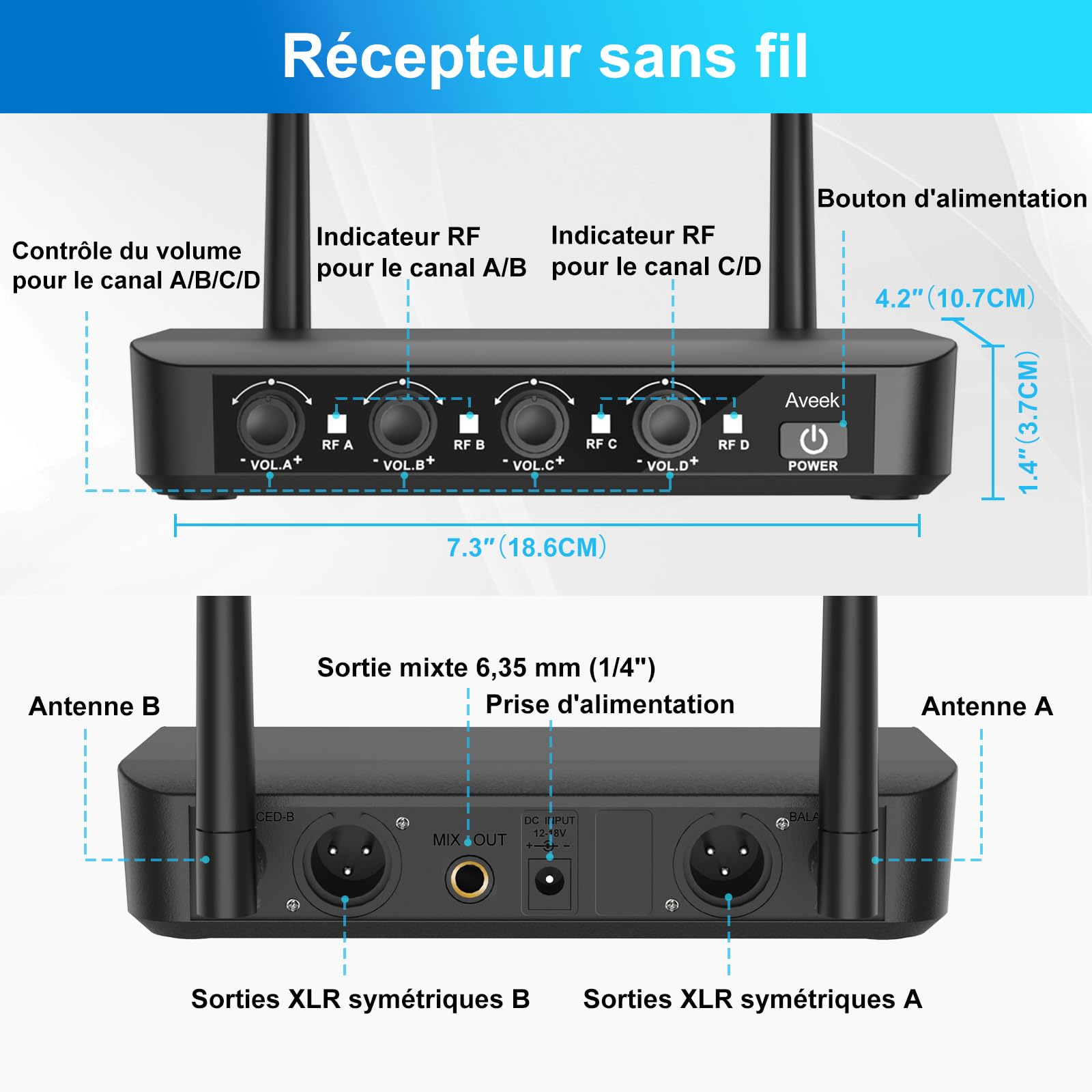Aveek Système de microphone sans fil avec lot de 4 micros dynamiques portatifs, portée de 80 m, batterie de 40 heures, son de studio à faible latence pour karaoké, chant, discours, église, scène