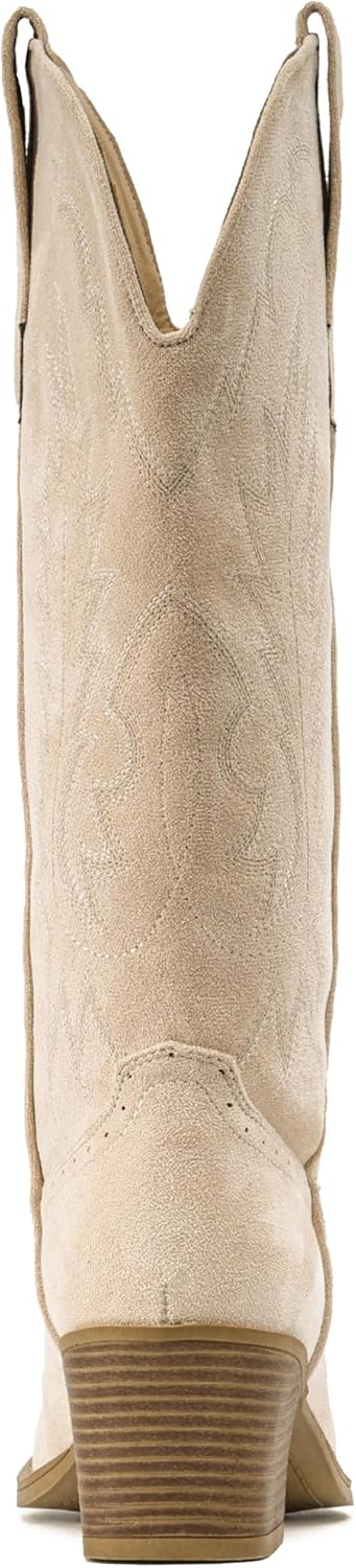 IUV Suede Cowboy Boots For Women Chunky Heel Pointed Toe Cowgirl Boots Mid Calf Western Embroidery fall Boot - Image 4