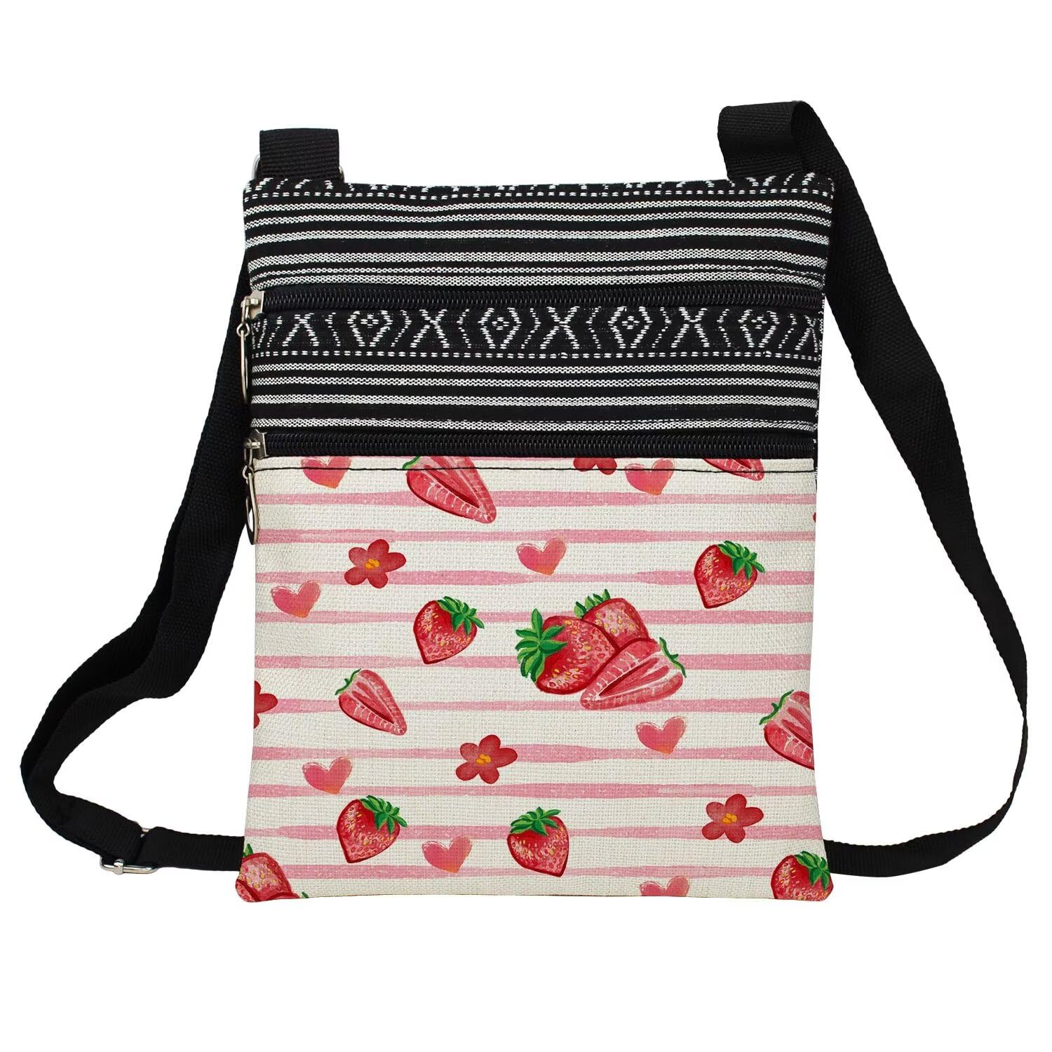 Strawberry Messenger Bag Small Ethnic Pattern Printed Adjustable Strap Crossbody Zipper Bag Strawberry Phone Bag Wallet Cute Shoulder Handbag for Women