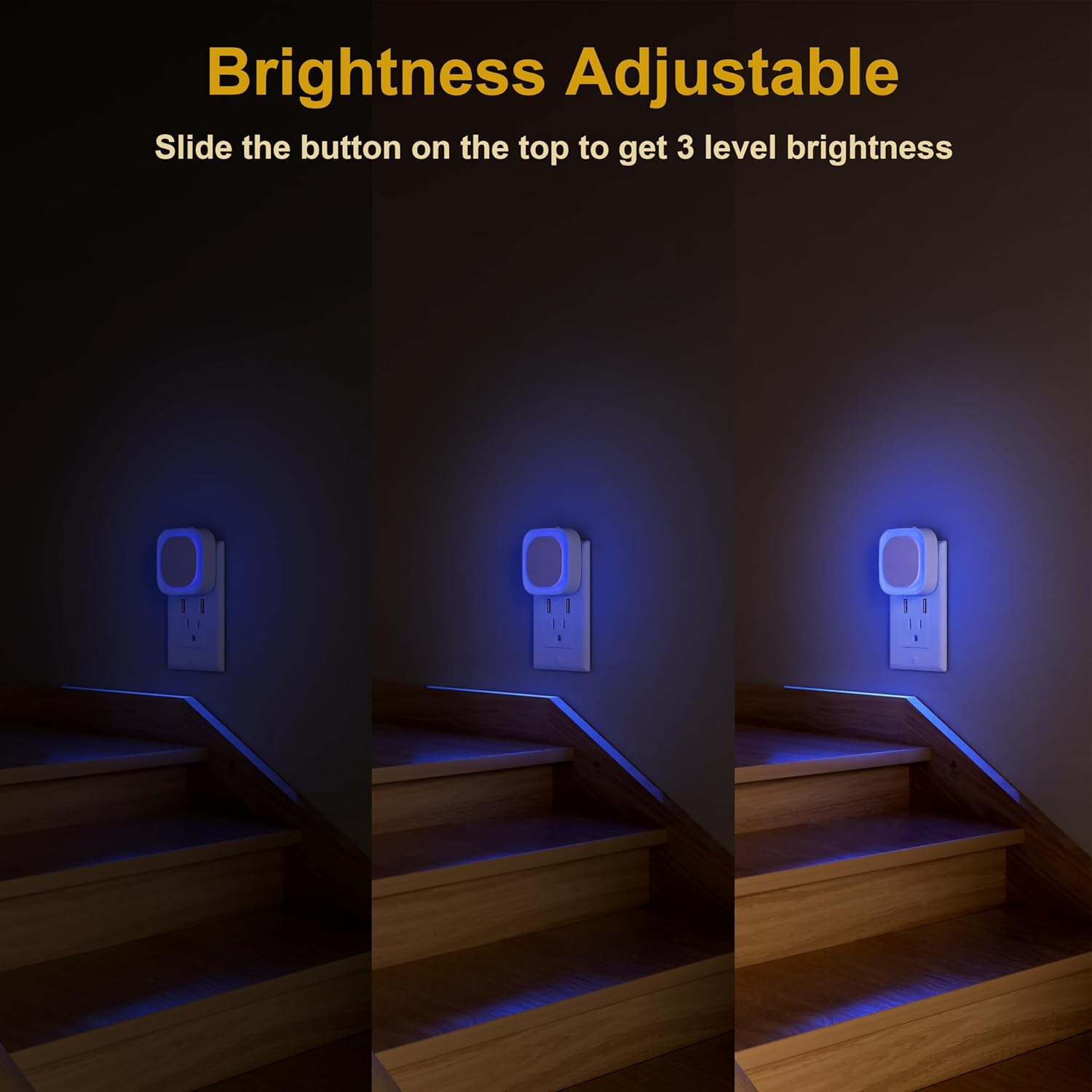 Three images showing the YUNLEX night light on a staircase at different brightness levels: dim, medium, and bright.
