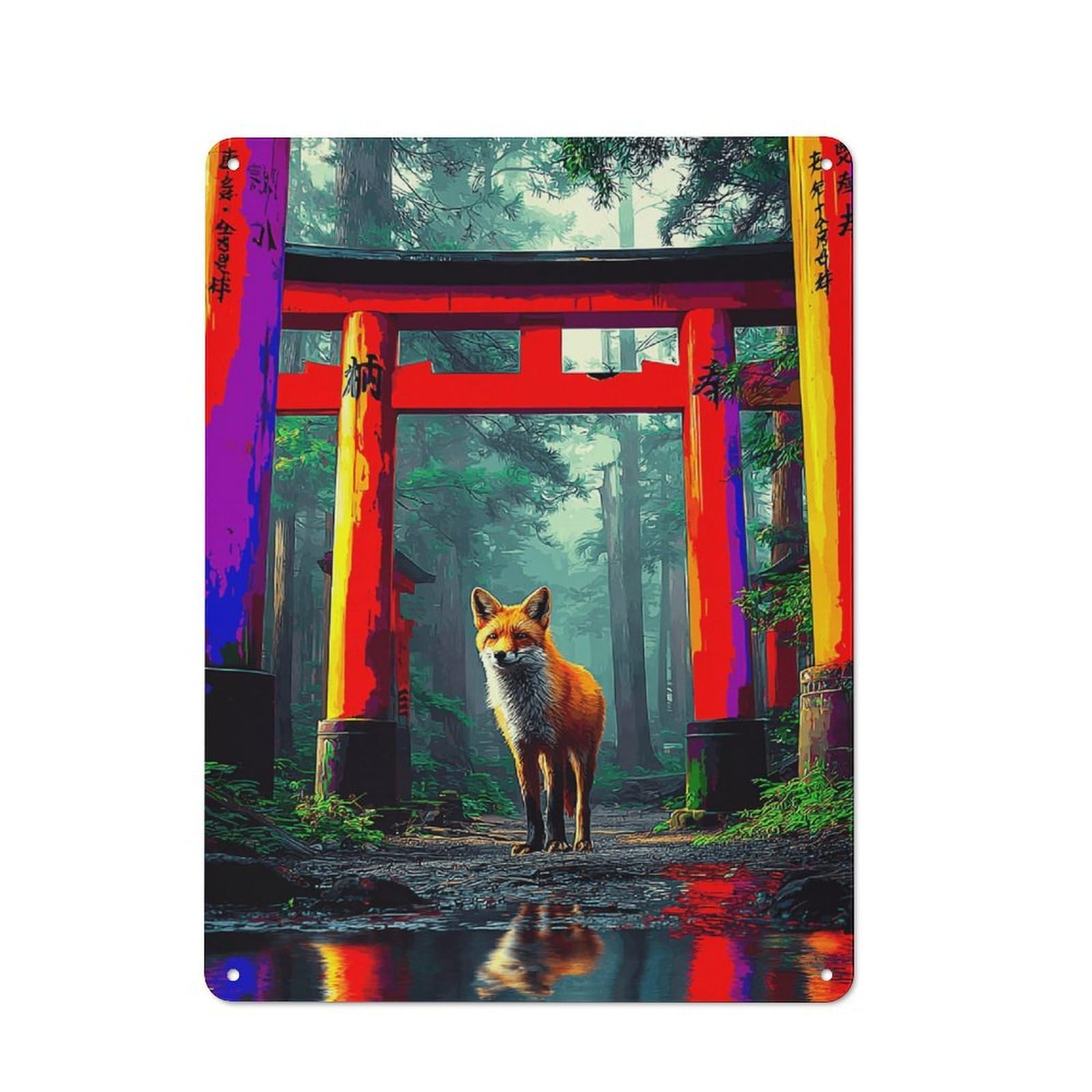 Junmoney Fox At The Torii Gate Metal Wall Sign 40X30cm Featuring For Home Bar Wall, Suited To Bar Sign Collectors