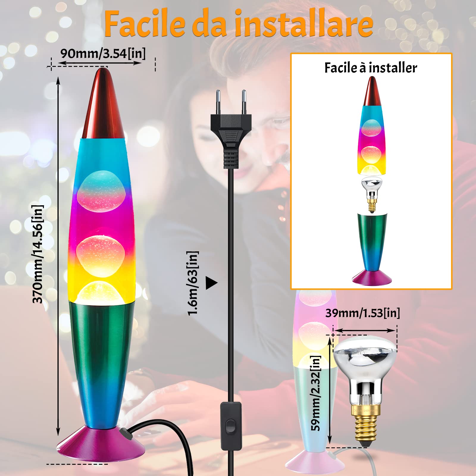 DoRight Lampe à Lave Classique Couleur Rétro en Aluminium pour Une Relaxation Paisible, 13,38 Pouces, avec 2 Ampoules R39 25W E14 Prise Européenne