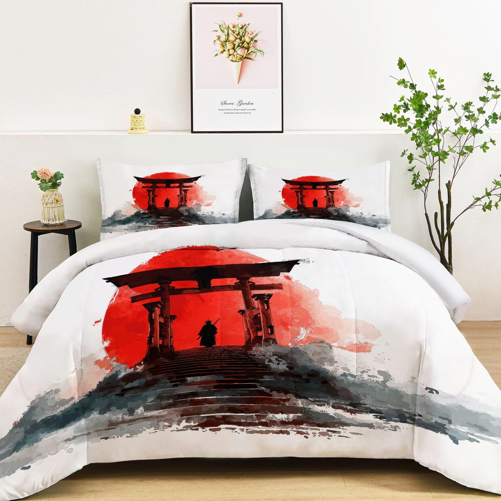 Torii akwarelowa kołdra na drzwi 135 x 200 cm 4 pory roku dla dorosłych, czerwona kołdra 2-osobowa zimowa ciepła kołdra przeciw roztoczom, 2 ochraniacze na poduszkę 65x65, bez poszewki