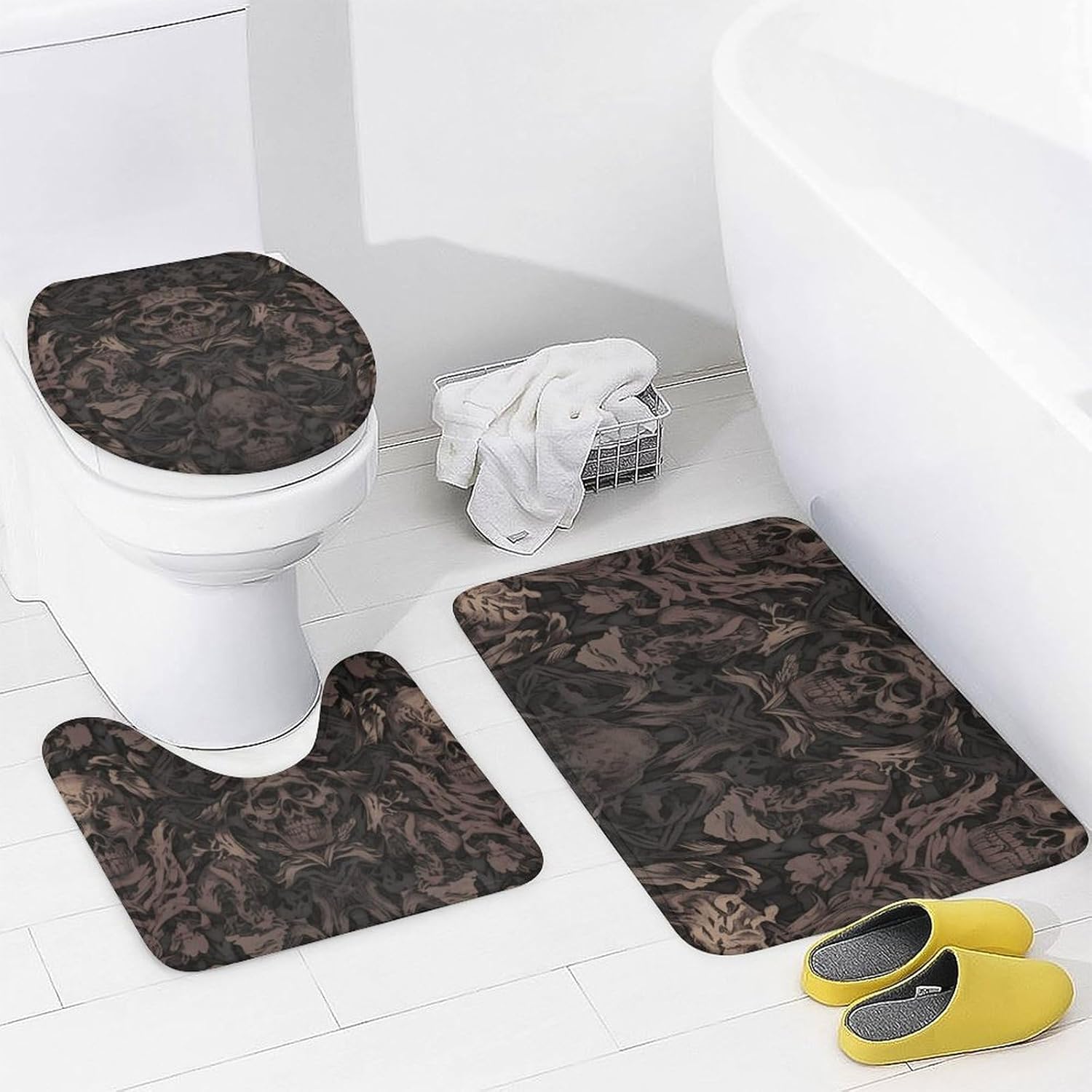 4-piece Bathroom Set with Waterproof Shower Curtain, Non-slip Absorbent Rug,Gothic Wallpaper for Walls Skull Damaskprinting And Toilet Seat Cover - Bathroom Accessories And Decor for Modern Homes, Wit