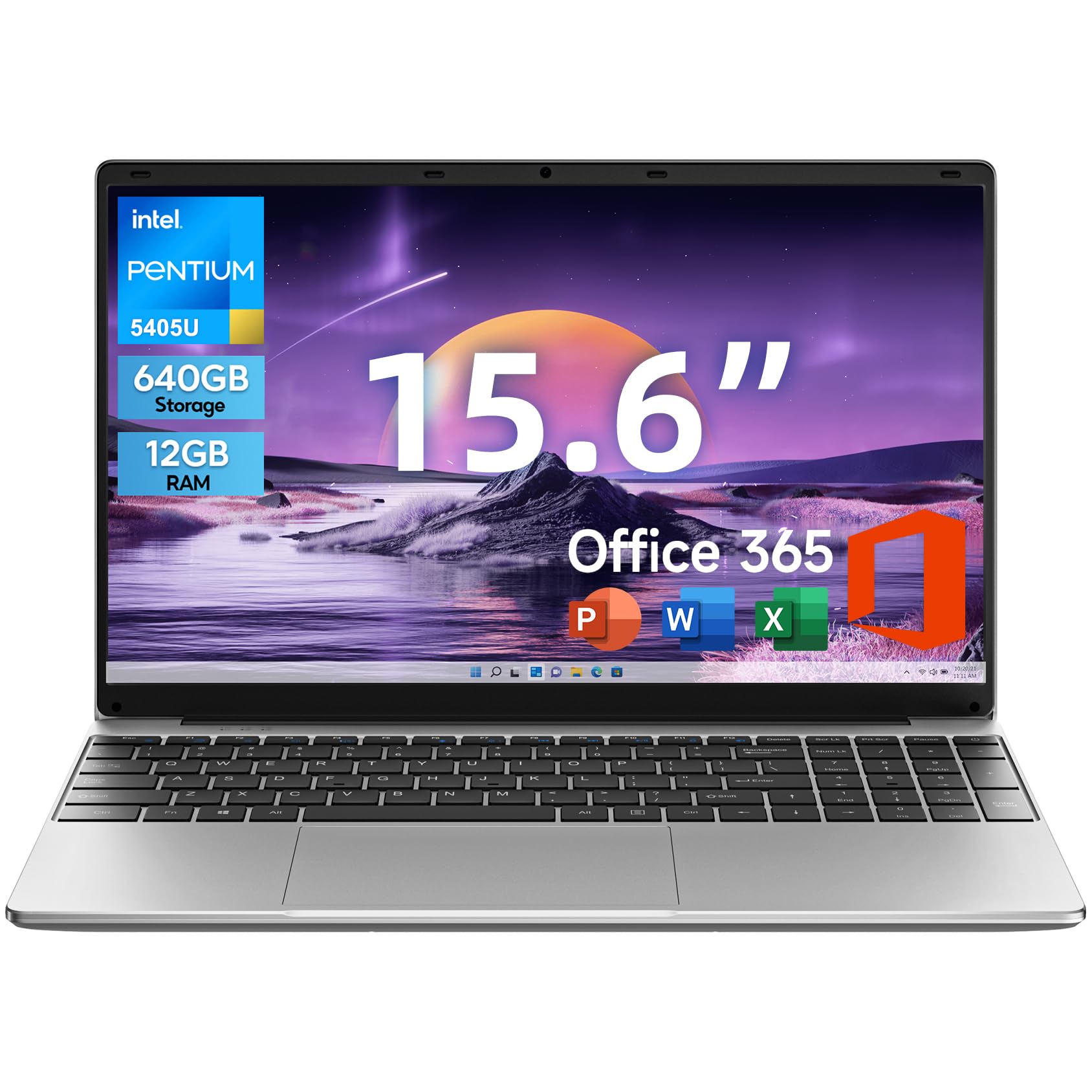 15.6 Inch Laptop FHD IPS Display, 12GB RAM 640GB ROM, 5405U Processor, Windows 11 Computer with Office 365 Subscription, 38Wh Battery, 2 Stereo Speakers, USB3.0 * 2, HDMI.