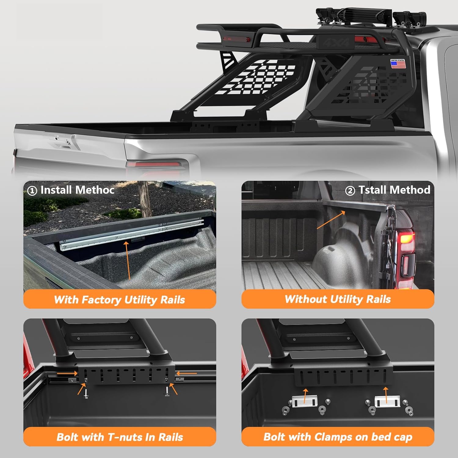 Basket Roll Bar for Full-Size Trucks with Cargo Basket, Brake Light, Light Mount | Non-Drill Installation for F-150/250/350, Silverado Sierra Ram 1500/2500/3500, Tundra, Titan XD (Full-size Truck)