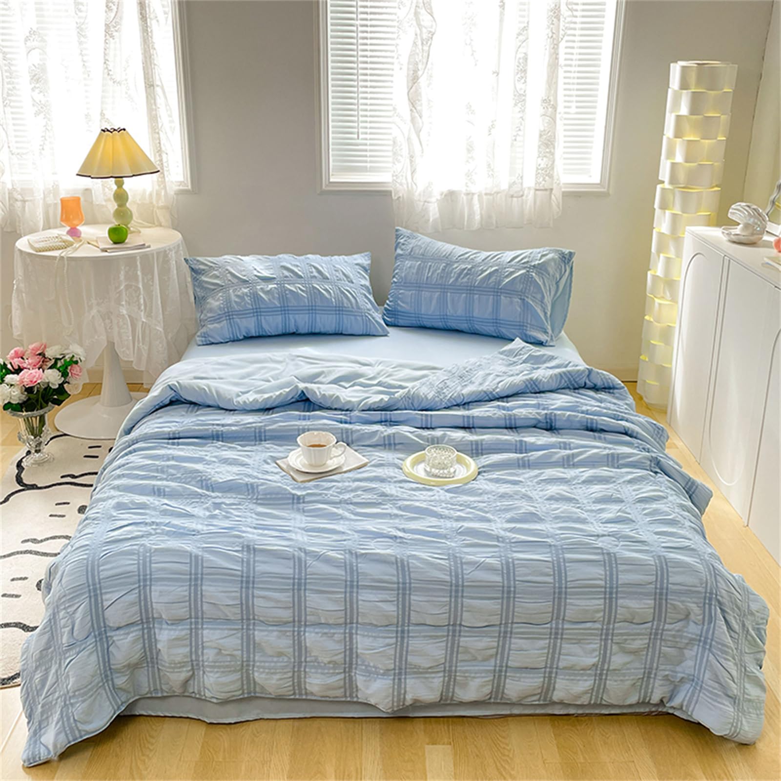 Odot Coverless Duvet 4.5 Tog Single Double King Size, Seersucker Summer Quilted Duvet Cosy and Lightweight Quilt Breathable Bedspreads Quilted Throw for Beds (Blue,180 * 200cm)