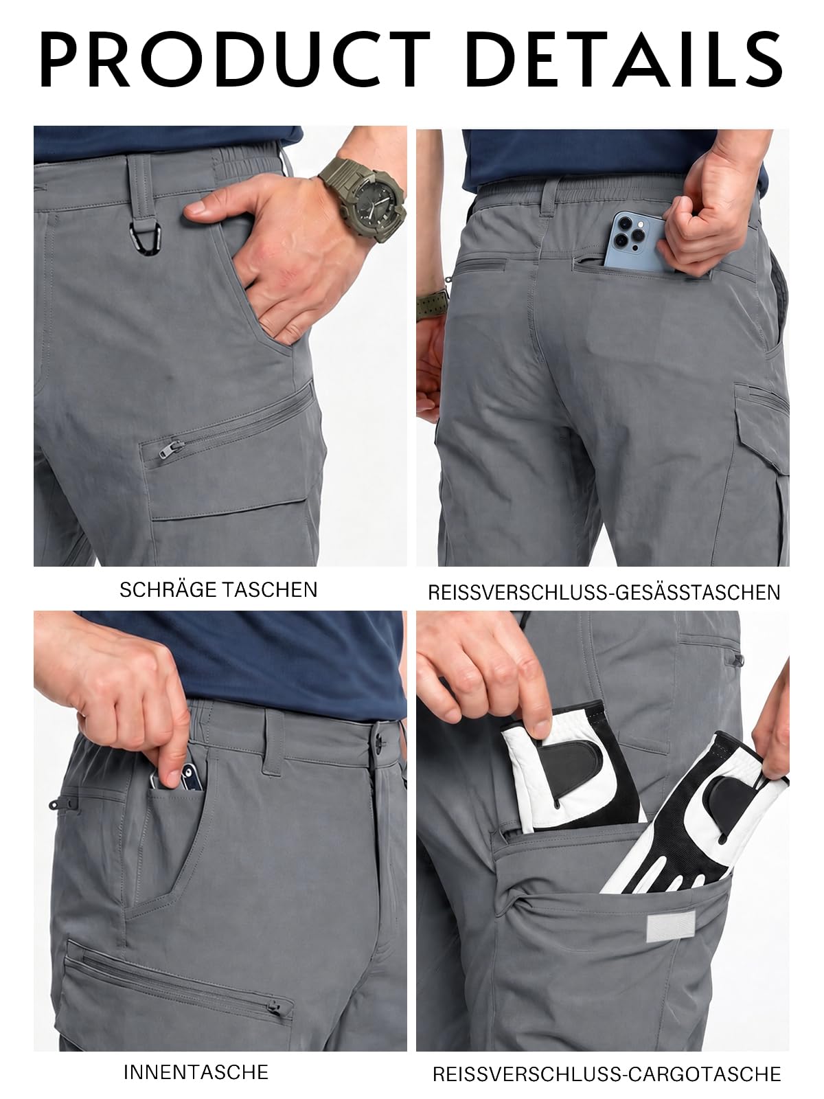 Runcati Pantaloni da trekking da uomo, impermeabili, traspiranti, leggeri, con tasche multiple, chiusura lampo, funzionali, ad asciugatura rapida