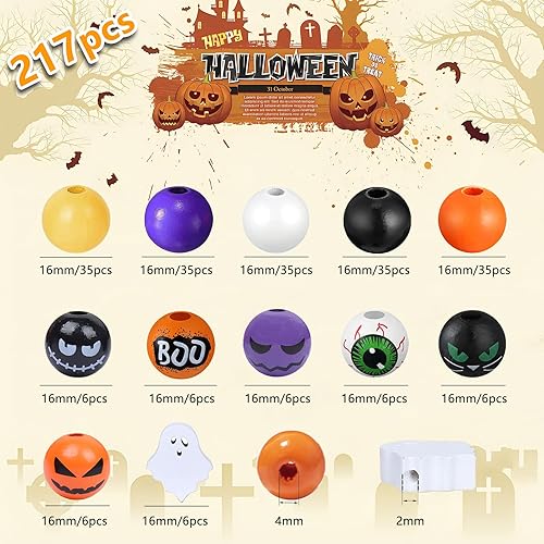 Miniatura 2 de Cuentas de madera de Halloween para manualidades, cuentas de madera de 0.63 pulgadas para hacer joyas, cuentas espaciadoras redondas sueltas para